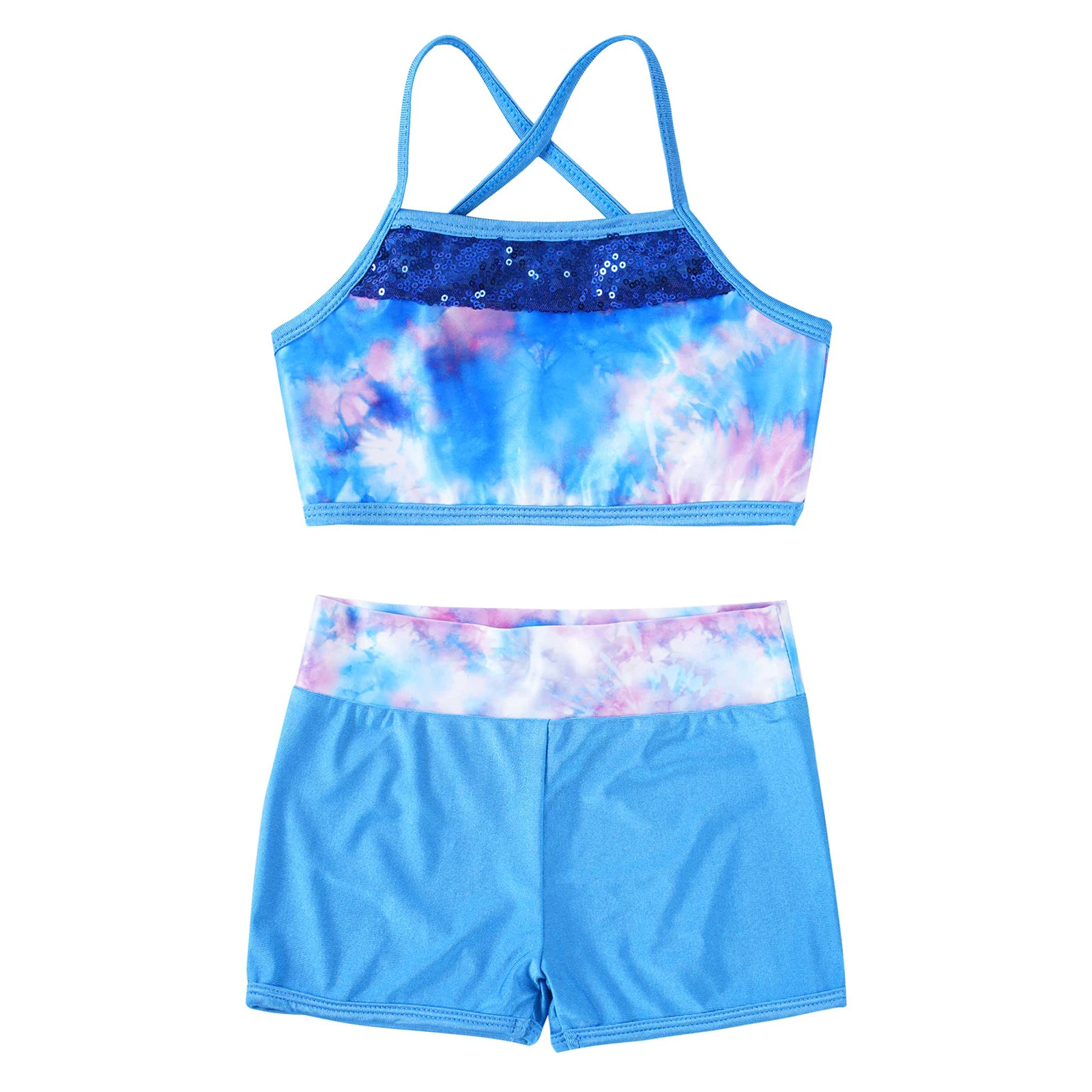 Kids Girls Mermaid Scales Printed Tankini Gymnastics Ballet Dance Costume Sleeveless Sequins Tank Crop Top with Shorts Swimwear
