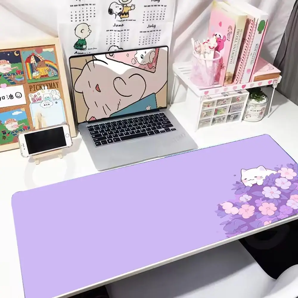 Purple Flower Cat Desk Mat, Non-slip Cute Animal Large Gaming Mouse Pad for Laptop Office Workstation mouse pad