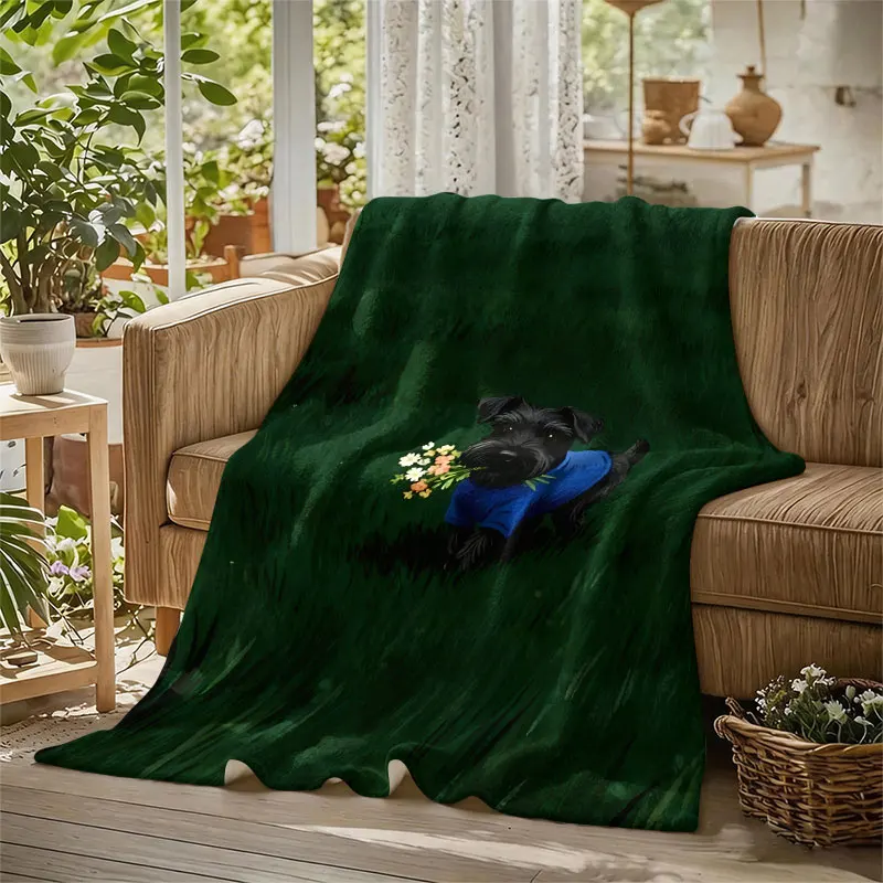 Schnauzer Flowers Blue Shirt Flannel Blanket Perfect for Sofa Office Bed Travel Sleep Read Relax Camping Four Season Use