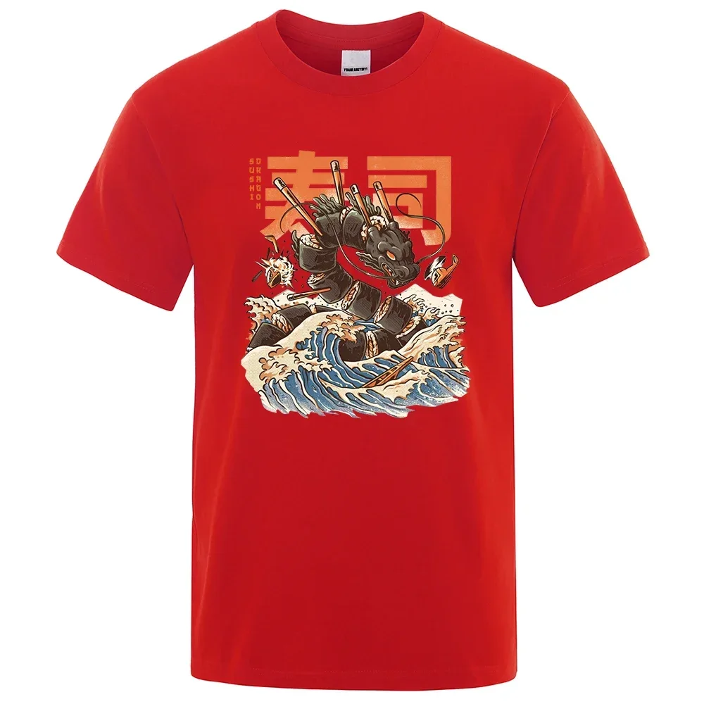 Japan Ukiyo E Style Sushi Dragon Print Man T Shirt High Quality Brand Clothing Loose T Shirts Fashion Summer Cotton Shirt Tops