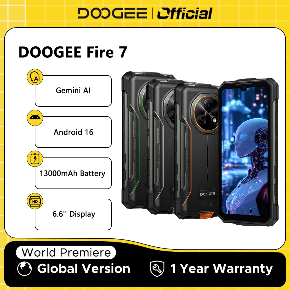 DOOGEE Fire 7 5G Rugged Phone Gemini AI 13000mAh Battery 6.6'' Display 64MP Camera Dimensity 6300 Android 15 Smartphone NFC