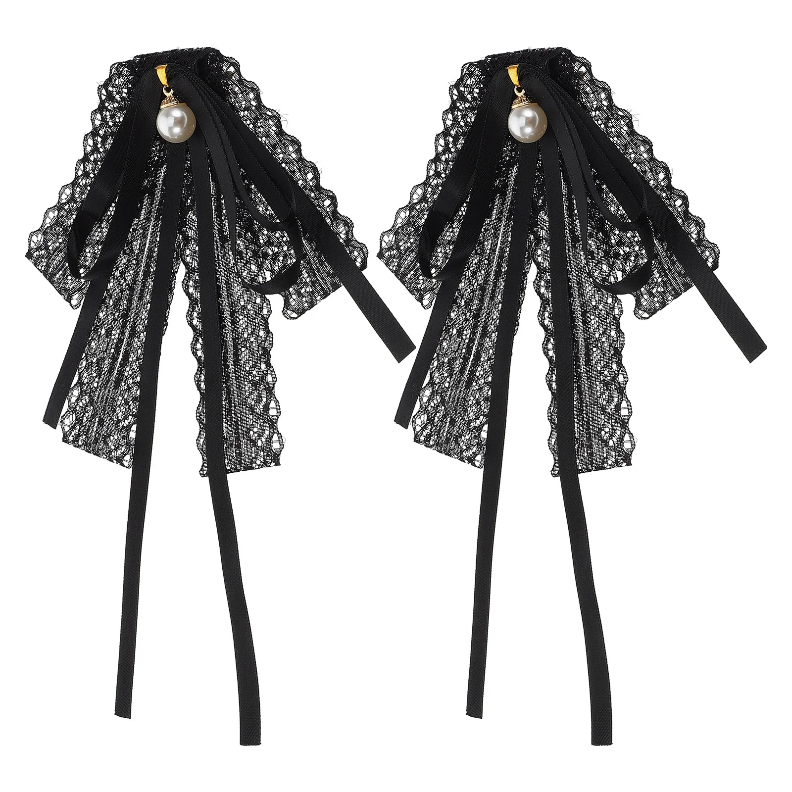

2Pcs Pearl Lace Bowknot Brooch Ribbon Pin Detachable Neck Tie Brooches Elegant Uniform Shirt Tie Accessories Black