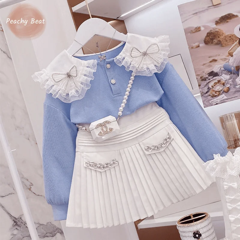 Fashion Baby Girl Princess Clothes Set Bow Lace Sweatshirt Sequins Skirt Child Clothing Suit Party Birthday Baby Clothes 3-14Y