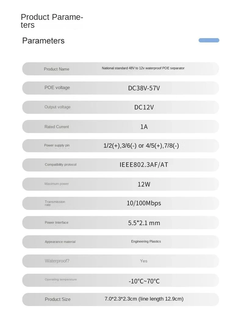 POE-Splitter, 48 V auf 12 V, wasserdichtes Video- und Netzteil, Kabelversorgungsmodul, Injektor-Extender für IP-Kamera-Splitter, Netz-AP – Detail 13