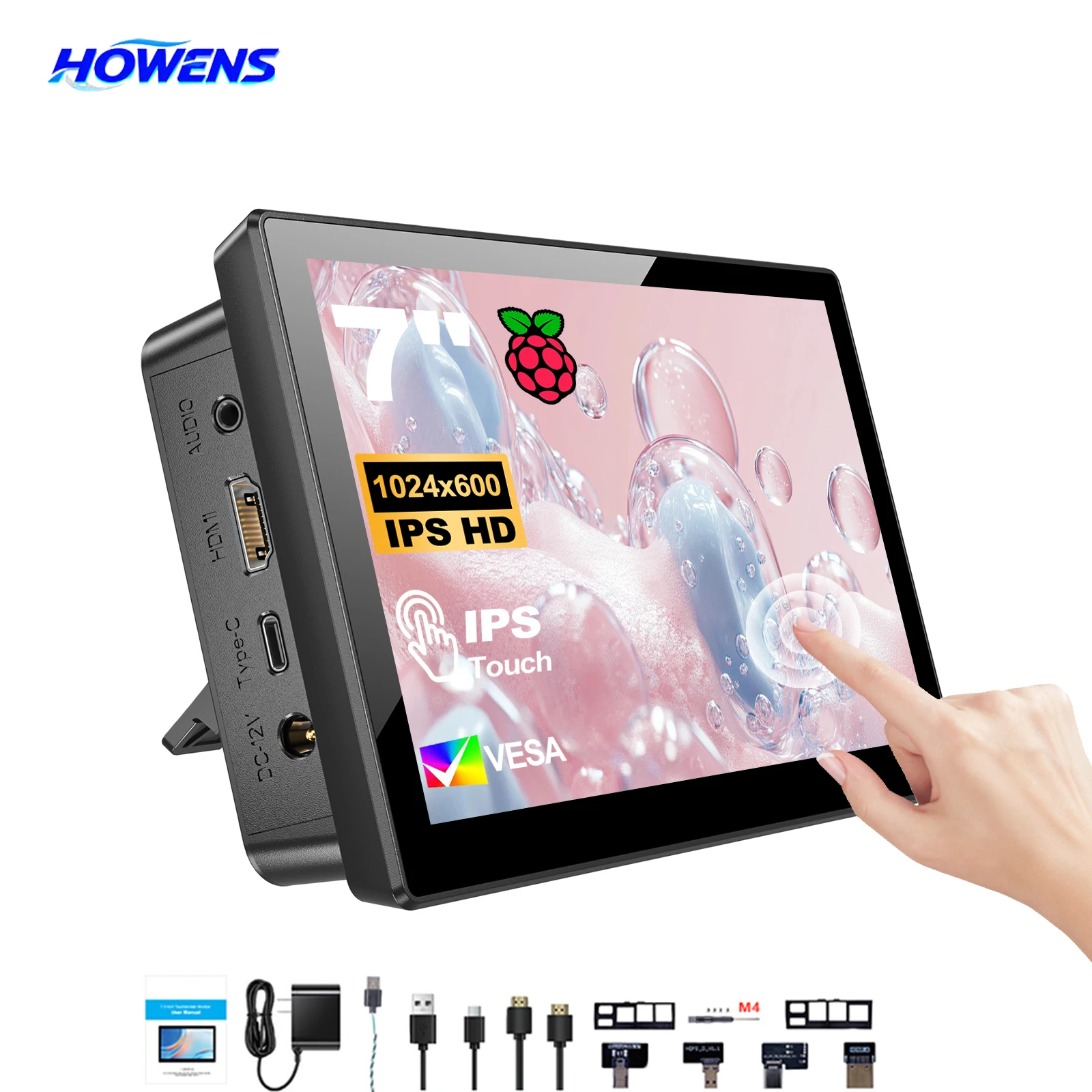 HOWENS 7inch Raspberry Pi IPS Monitor Full Bonded Tempered Glass 178 View Driver-Free Portable HDMI Screen for DIY Laptops Game