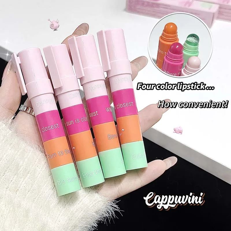 Cappuvini batom hidratante quatro cores em um, lápis de maquiagem de longa duração, brilho labial à prova d'água, bálsamo labial antiaderente