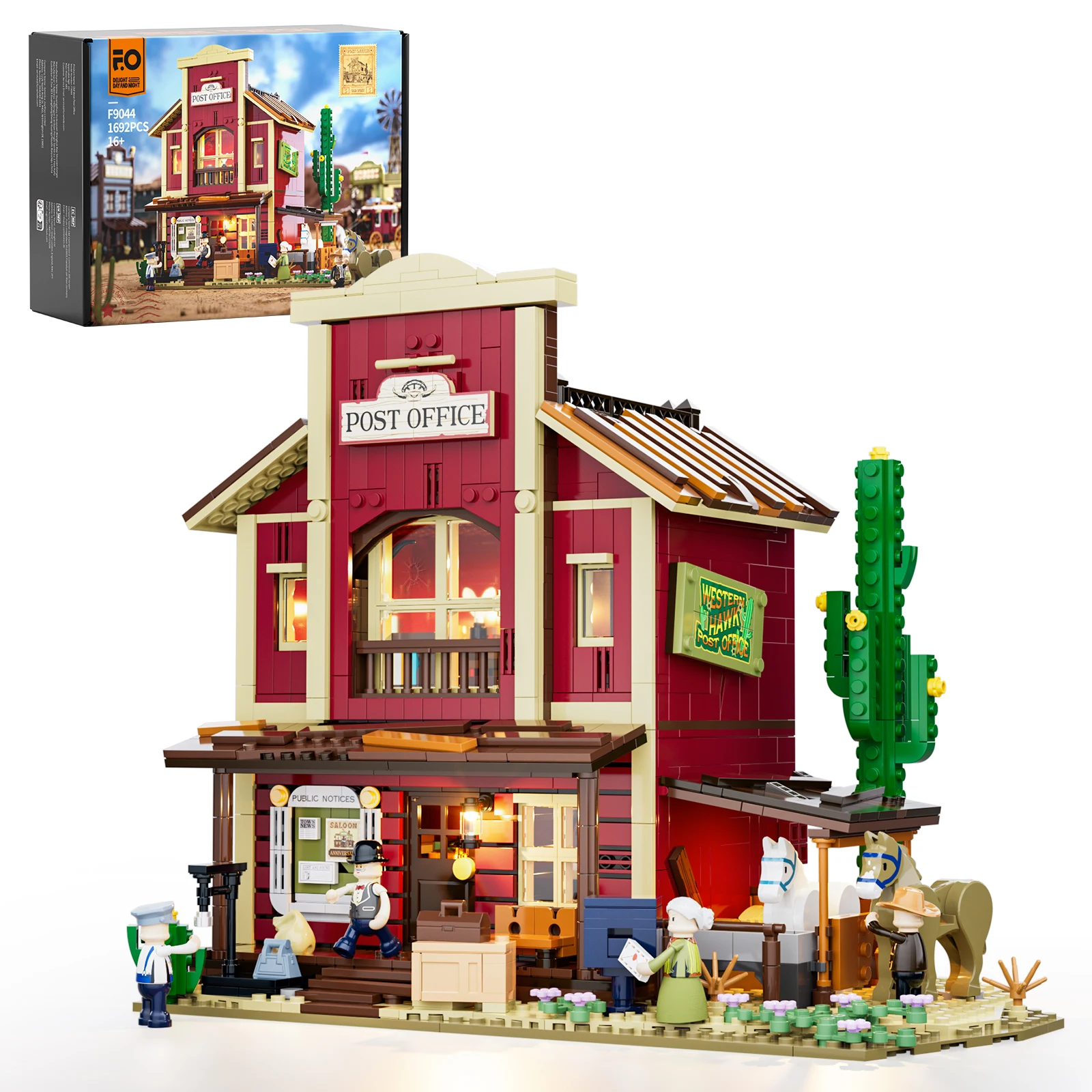 

FUNWHOLE Old West Post Office Lighting Building-Bricks Set - 1692 Pcs The Wild West Town Collection With Color Box