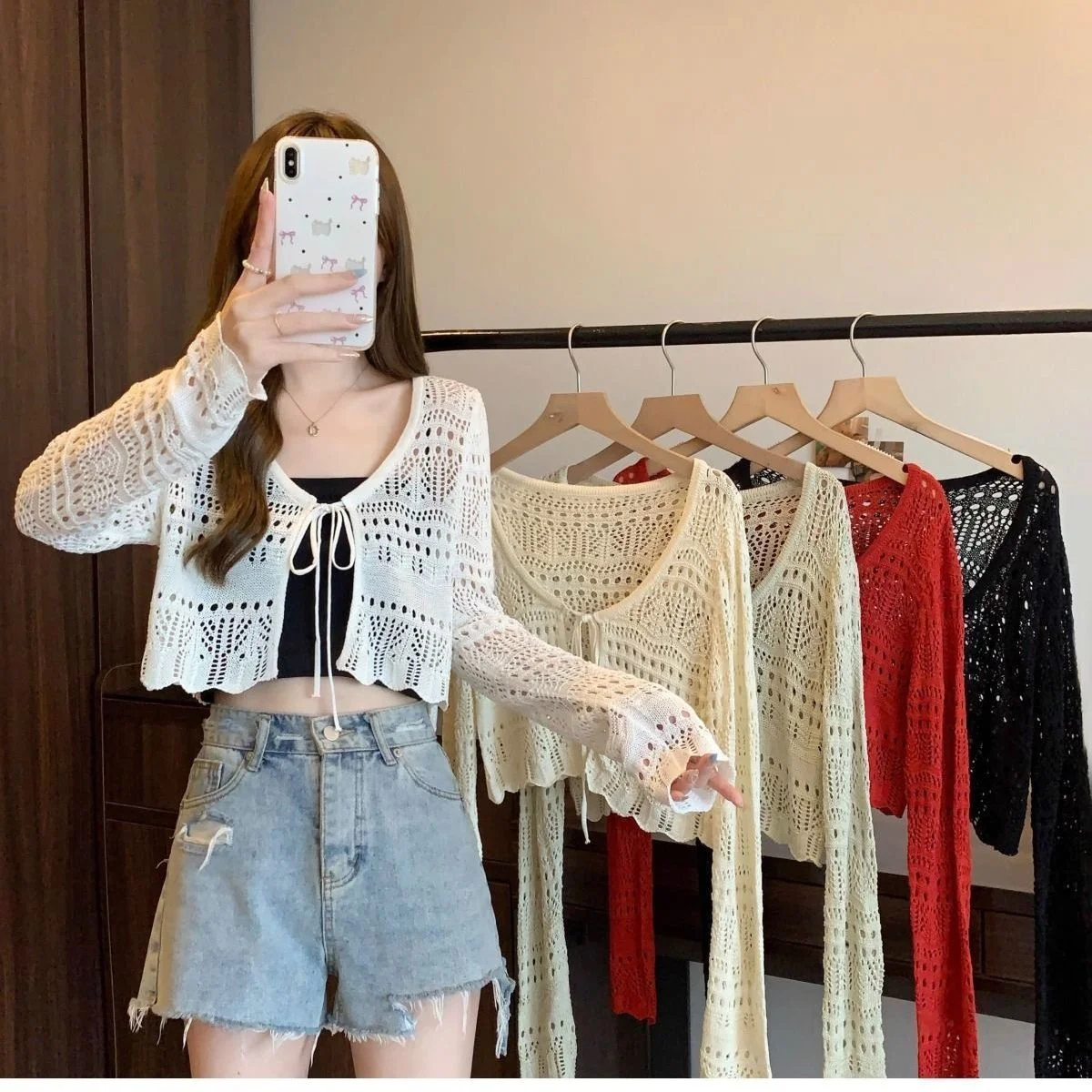 

Льняной вязаный открытый кардиган с цветочным узором, летний тонкий длинный све, защита от солнца, топ, женская мода