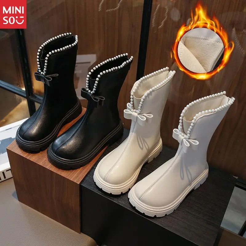 

Сапоги принцессы для девочек Miniso 2025, длинные плюшевые кожаные сапоги на мягкой подошве