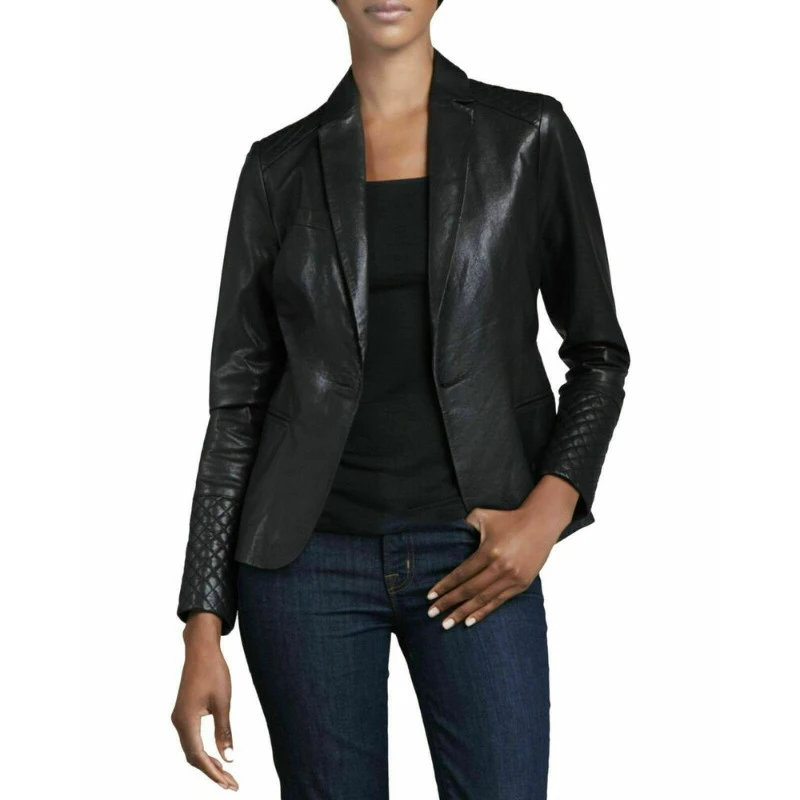 Blazer de cordeiro feminino, 100% couro, casaco acolchoado, autêntico, preto