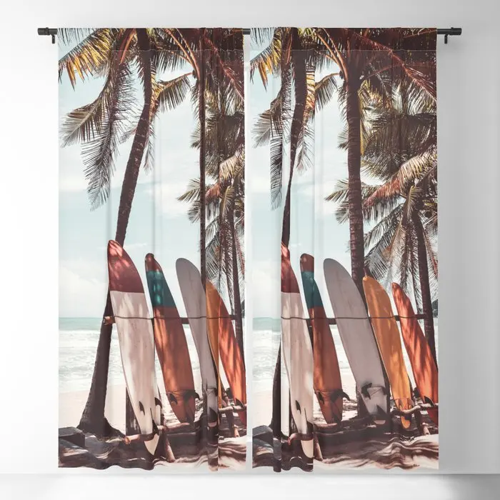 Surfboard and Palm Trees on The Beach Blackout Curtains 3D Print Window Curtains for Bedroom Living Room Decor Window Treatments