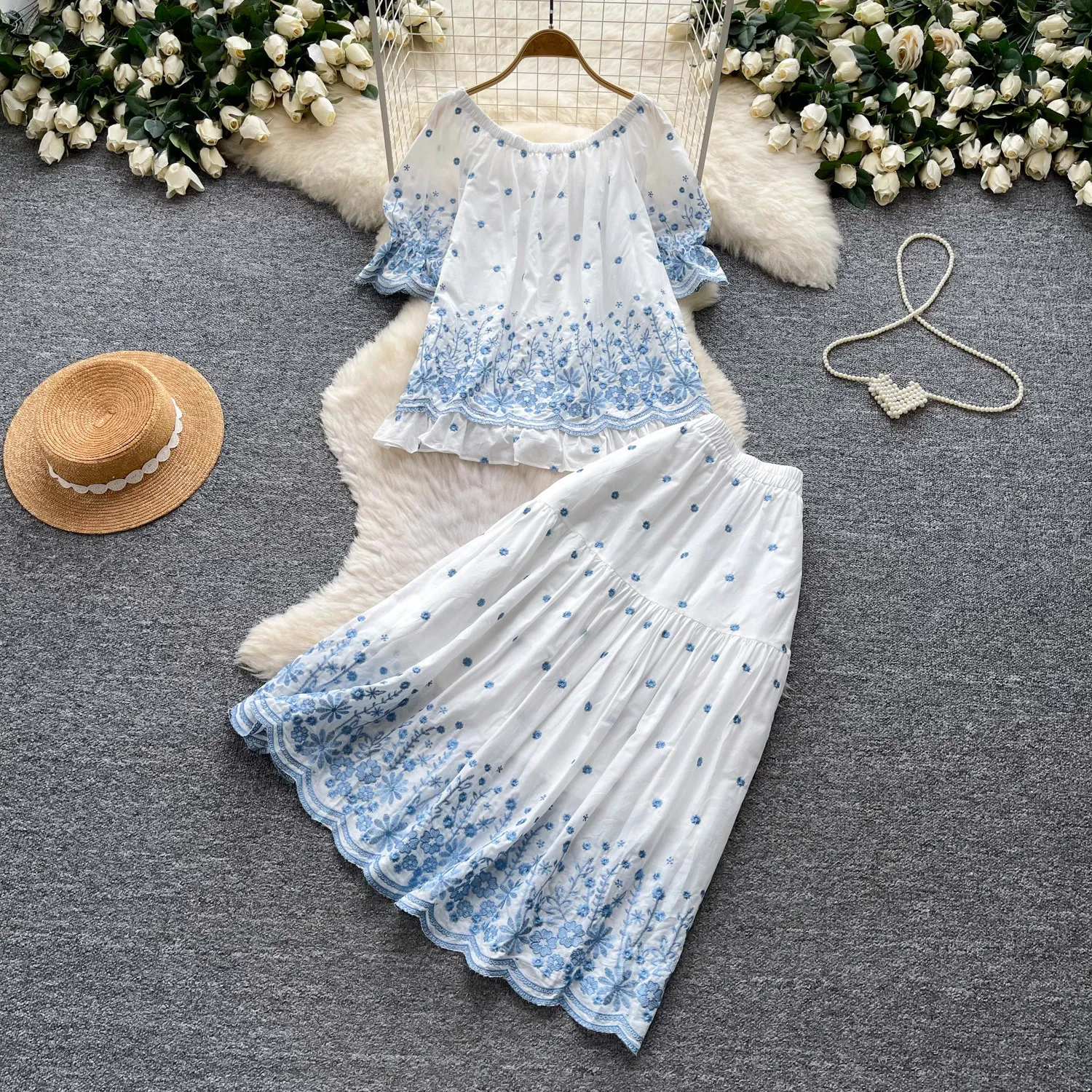 Two Piece Sets Women Skirt Set Round Neck Short Sleeve Tops Long Skirts A Line High Waist Y2k Streetwear Elegant Print Floral
