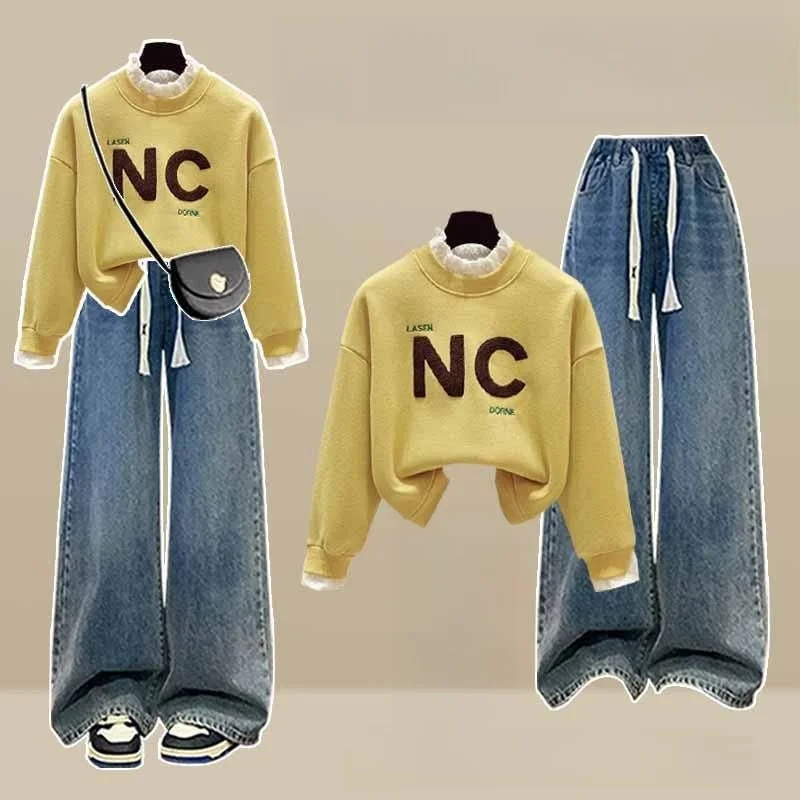 Elegante Completo Autunno Inverno con Felpa Foderata e Jeans a Vita Elastica per Ragazze Adolescenti Bellissimo Set per Studentesse...