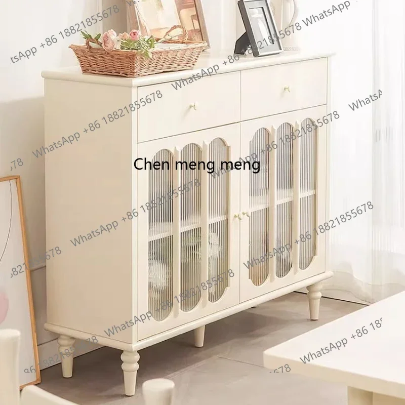 French Cream Style Solid Wood Sideboard Wall-Mounted Integrated Storage White Vintage Double-Door Wine Cabinet