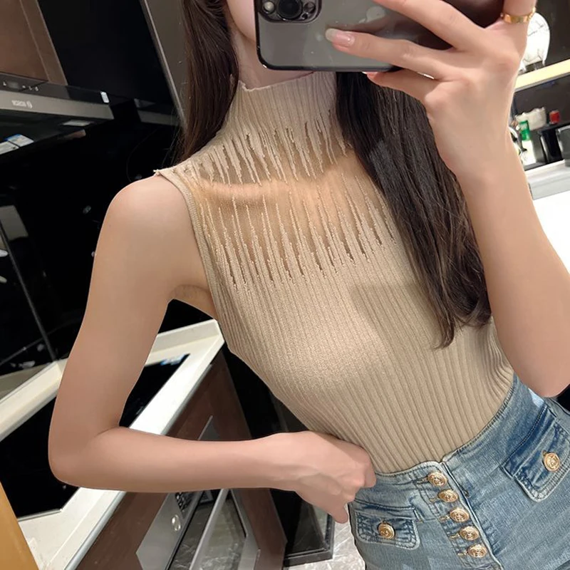 New Women\'s Summer Fashion Thin Knitted Undershirt Sleeveless Pullover Corset Top Half High Neck Comfortable Breathable T-Shirt