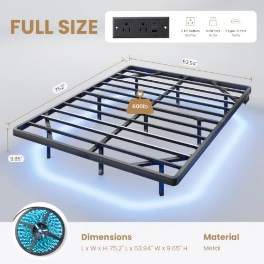Floating bed frame with smart LED lights for modern bedroom, black metal, adjustable size, built-in dimmable lighting and USB c view 2