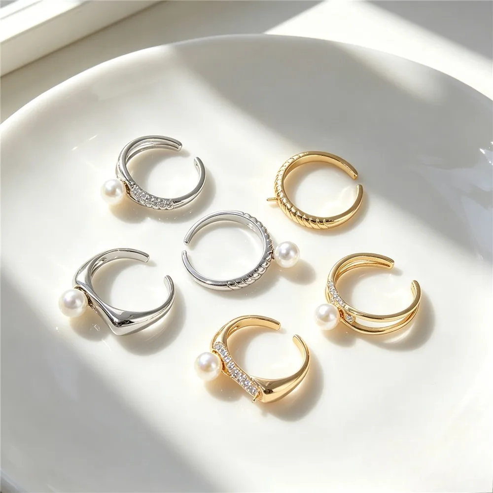 L369 14K Gold Plated Brass Half Hole Bead Twist Open Ring Blanks DIY Glue Pearl Ring Jewelry Findings