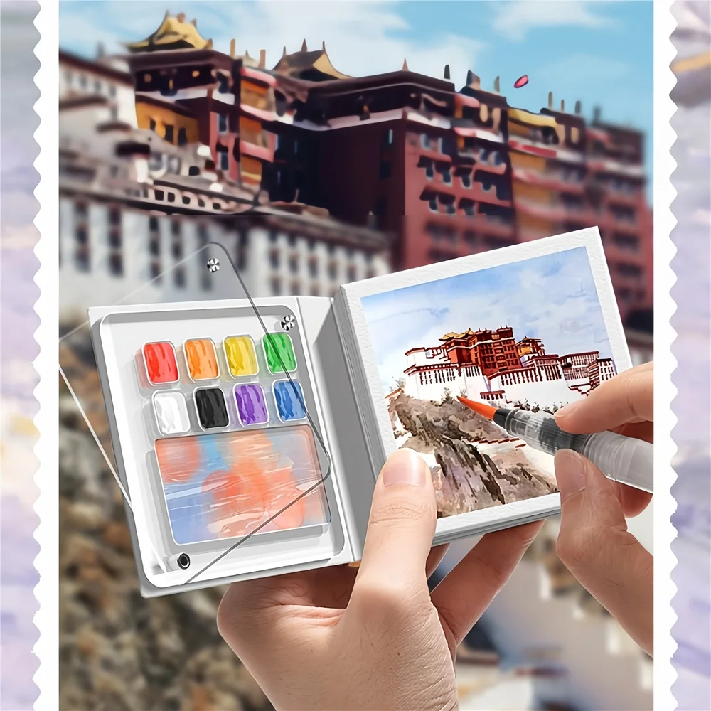 Portable Mini Watercolor Sketchbook with Paint Tray - 50 Sheets, Medium Thick Paper, Ideal for On-the-Go (Paint Not Included)