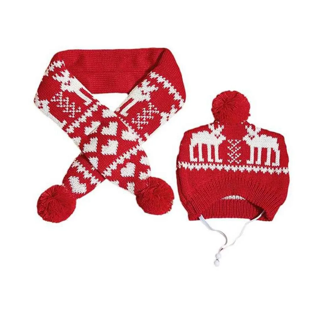 

Cute Deer Fur Pompom Pet Scarf Hat Set Elastic Adjustable Christmas Pet Set Warm Snowflake Pattern Pet Headgear Autumn Winter