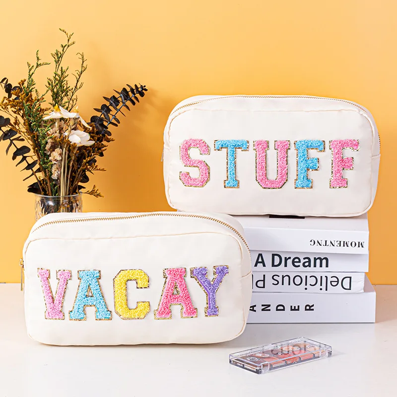 Customize DIY Letters Patch Heart Pearl Rhinestone Nylon Durable Waterproof Pouch Makeup Case Nylon Travel Cosmetic Bag