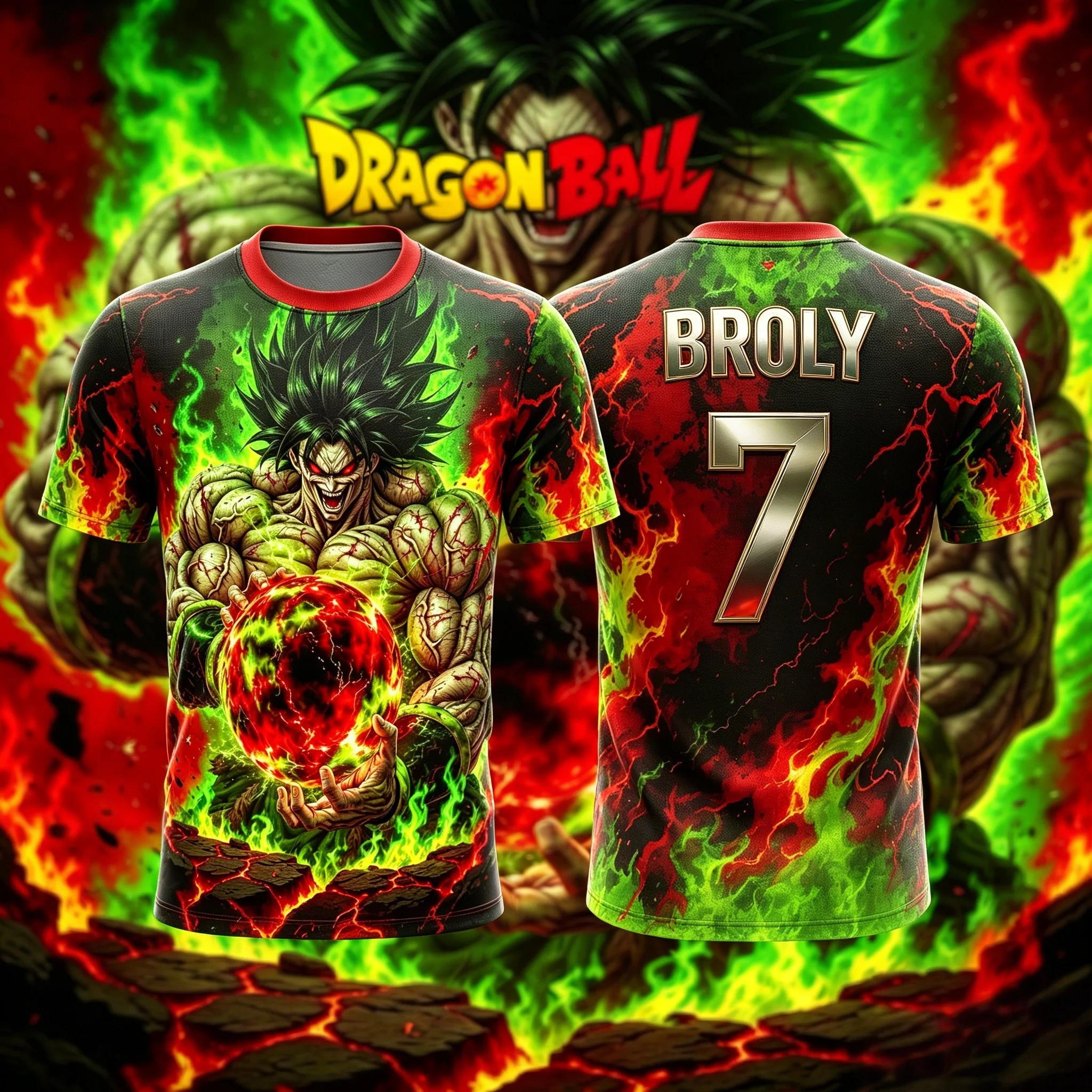 Dragon Ball Super Broly No7 Rot-Grüner Flammen-Energieball-Print Herren Fußballtrikot Schnelltrocknend Anime Atmungsaktives Sport-T-Shirt