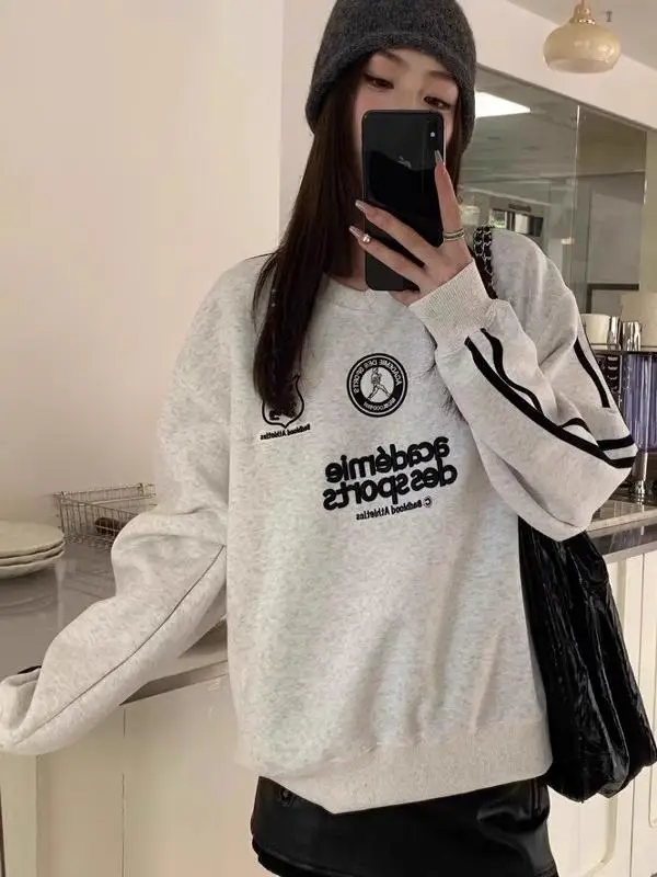 

Retro Embroidered Sweatshirt Women's Casual Sporty Oversize Ball Jersey Trendy Brand Spring Autumn Couple's Wear Comfortable