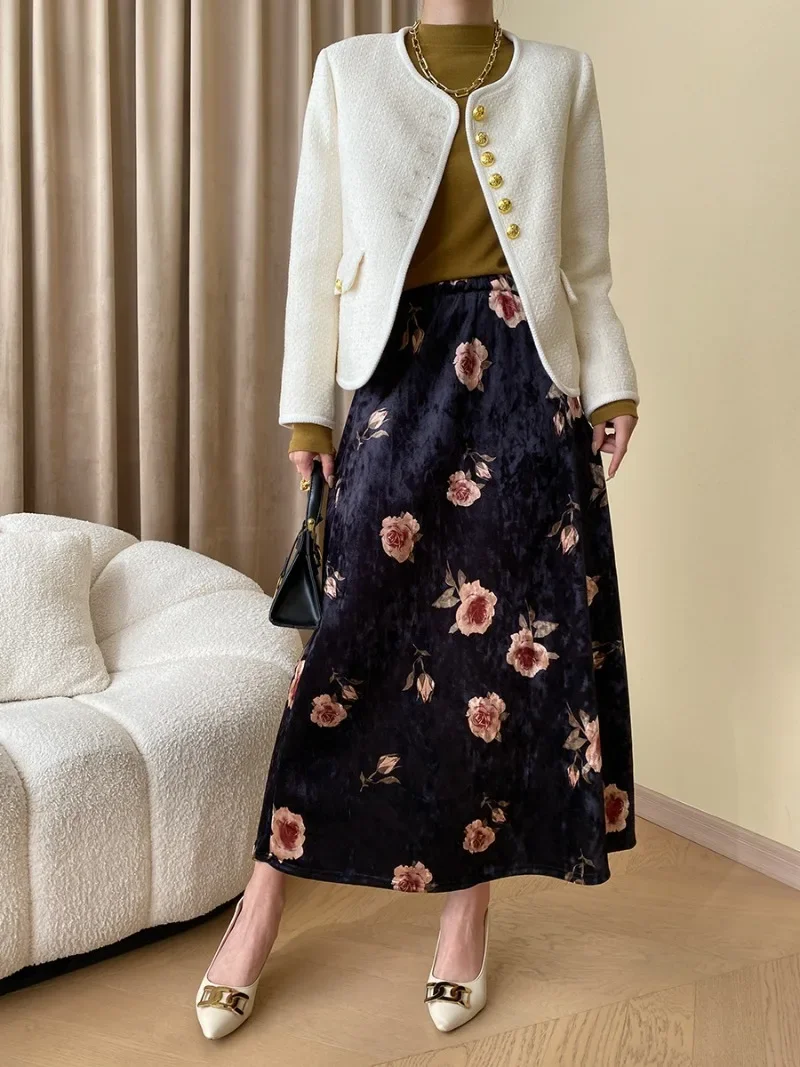 Vintage Floral Printed Velvet Skirts Women High Wasit A-line Slim Drape Midi Skirt 2024 Autumn Winter Korean Chic Elegant Faldas