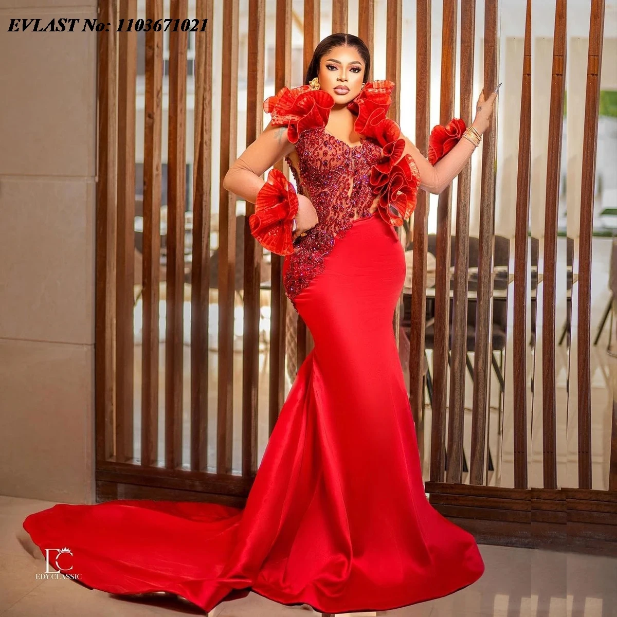 EVLAST Customized African Red Mermaid Prom Dress Ruffled Beaded Wedding Reception Dress Aso Ebi Formal Party Dress P164