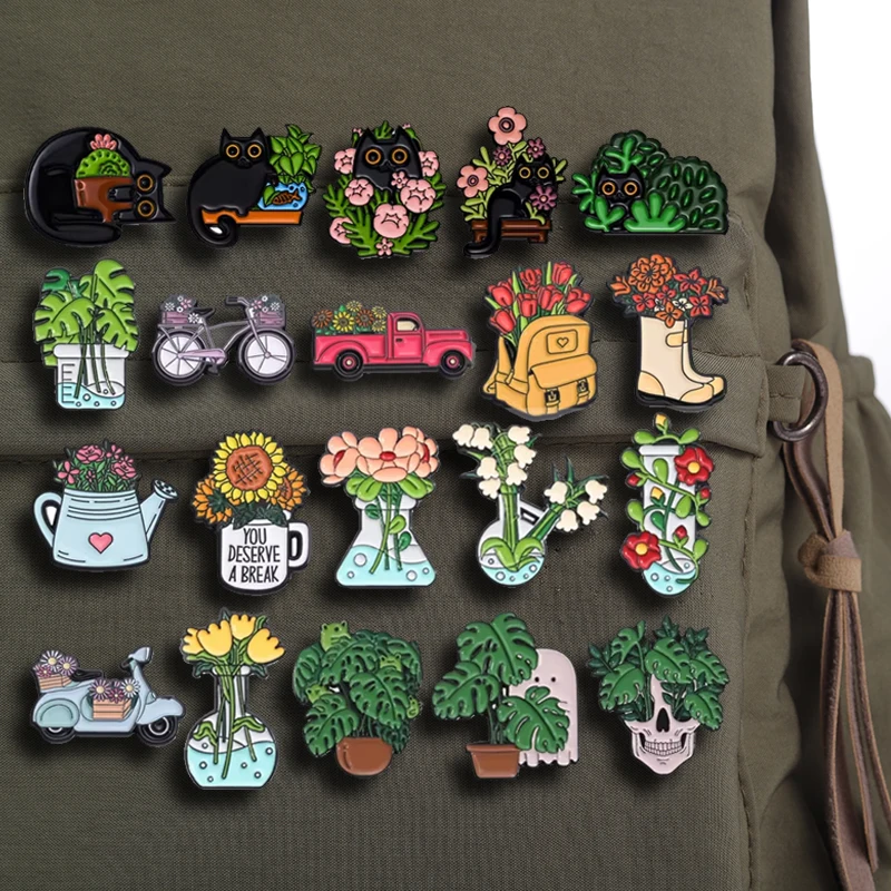 20 Types Black Cat Plants Brooch Cartoon Cute Enamel Pins Backpack Lapel Badge Fashion Accessories Jewelry Gift for Friends
