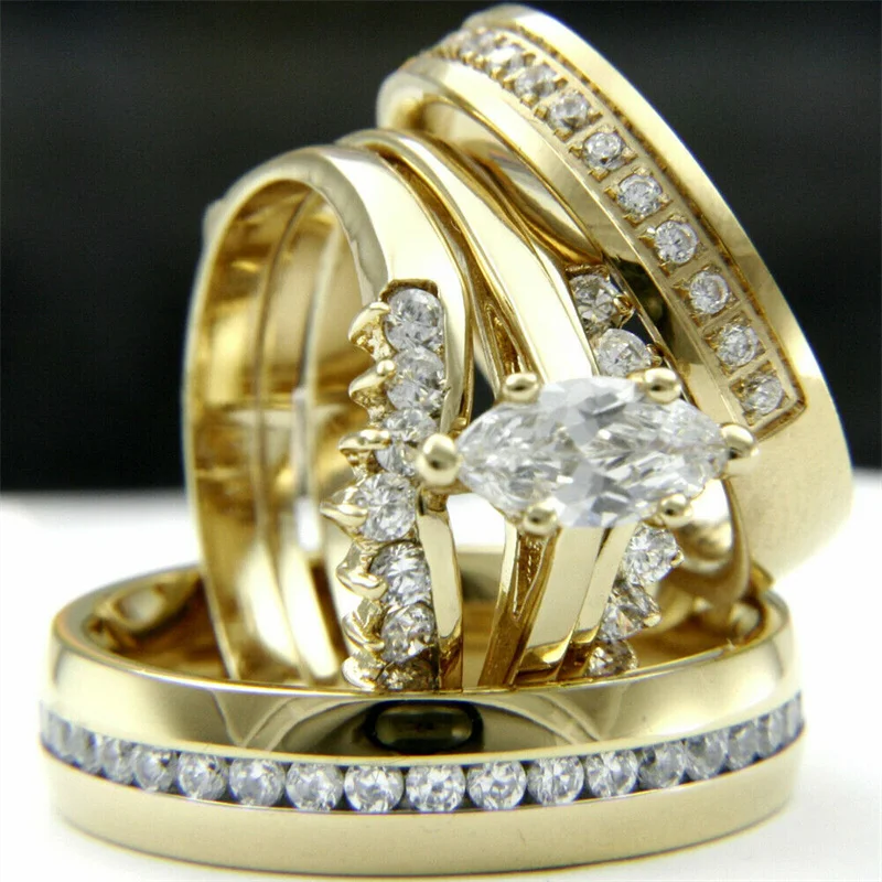 CAOSHI Gorgeous Gold Color Promise Rings for Couples Luxury Wedding Bands Accessories with Bright Zirconia Trendy Finger Jewelry