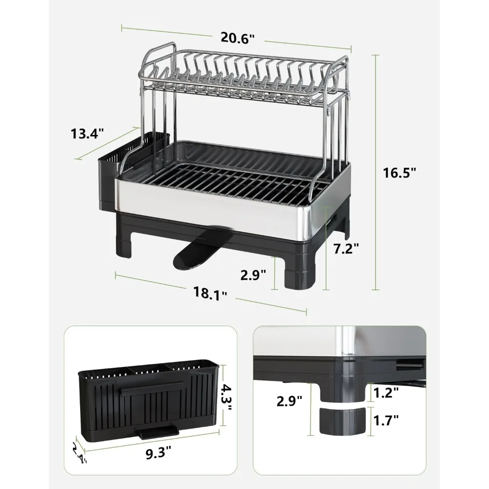 BOOSINY Stainless Steel Dish Drying Rack, Extra Large Dish Racks for Kitchen Counter, 2 Tier Dish Drainer and Drainboard Set wit