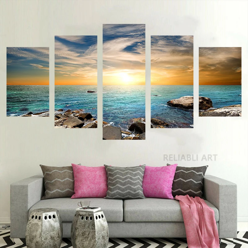 5 Pieces California Malibu Seascape Pictures Canvas Painting Wall Art Sea Sky Beach Landscape Posters Prints Living Room Decor