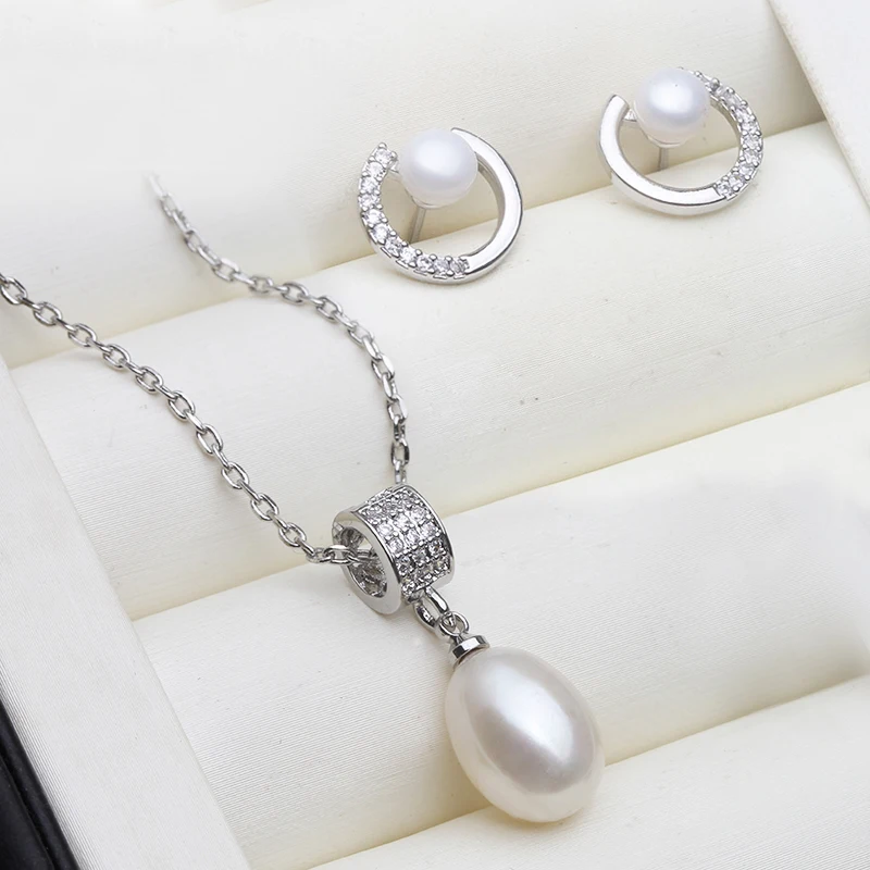 

Real Set With Pearl Earrings And Necklace Woman,Luxury Natural Freshwater Pearl Set 925 Silver Wife Mother Birthday Gift White