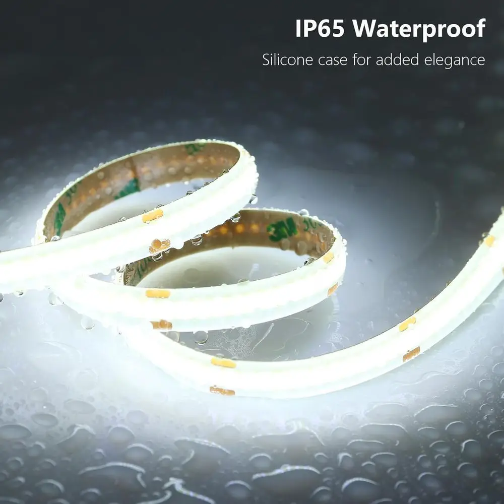 شريط إضاءة LED COB خارجي مقاوم للماء بطول 65.6 قدم، 6000 كلفن أبيض بارد، 11 وات/م، 312 مصباح LED/م، CRI 93 للمنزل والحديقة