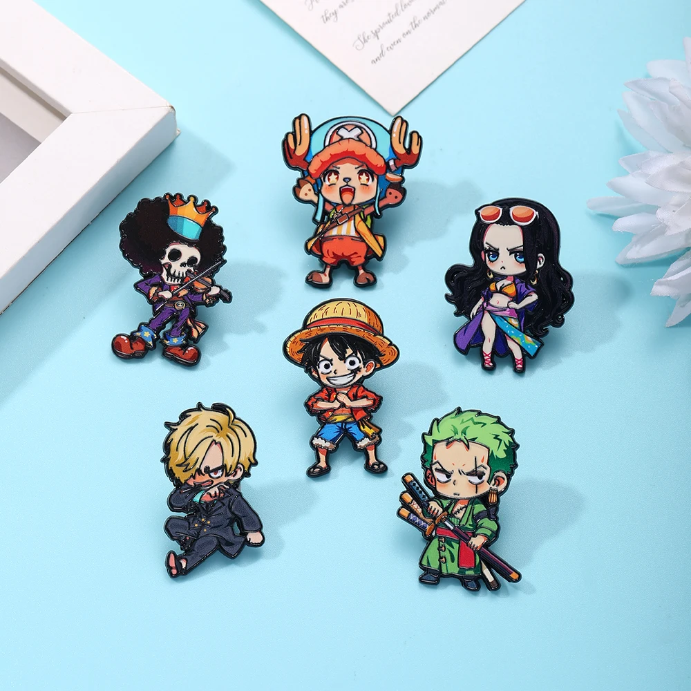 6pcs ONE PIECE Anime Cartoon Character Brooches Set Q Version Monkey D Luffy Roronoa Zoro Sanji Brook Gift for Friends Cute - view 5