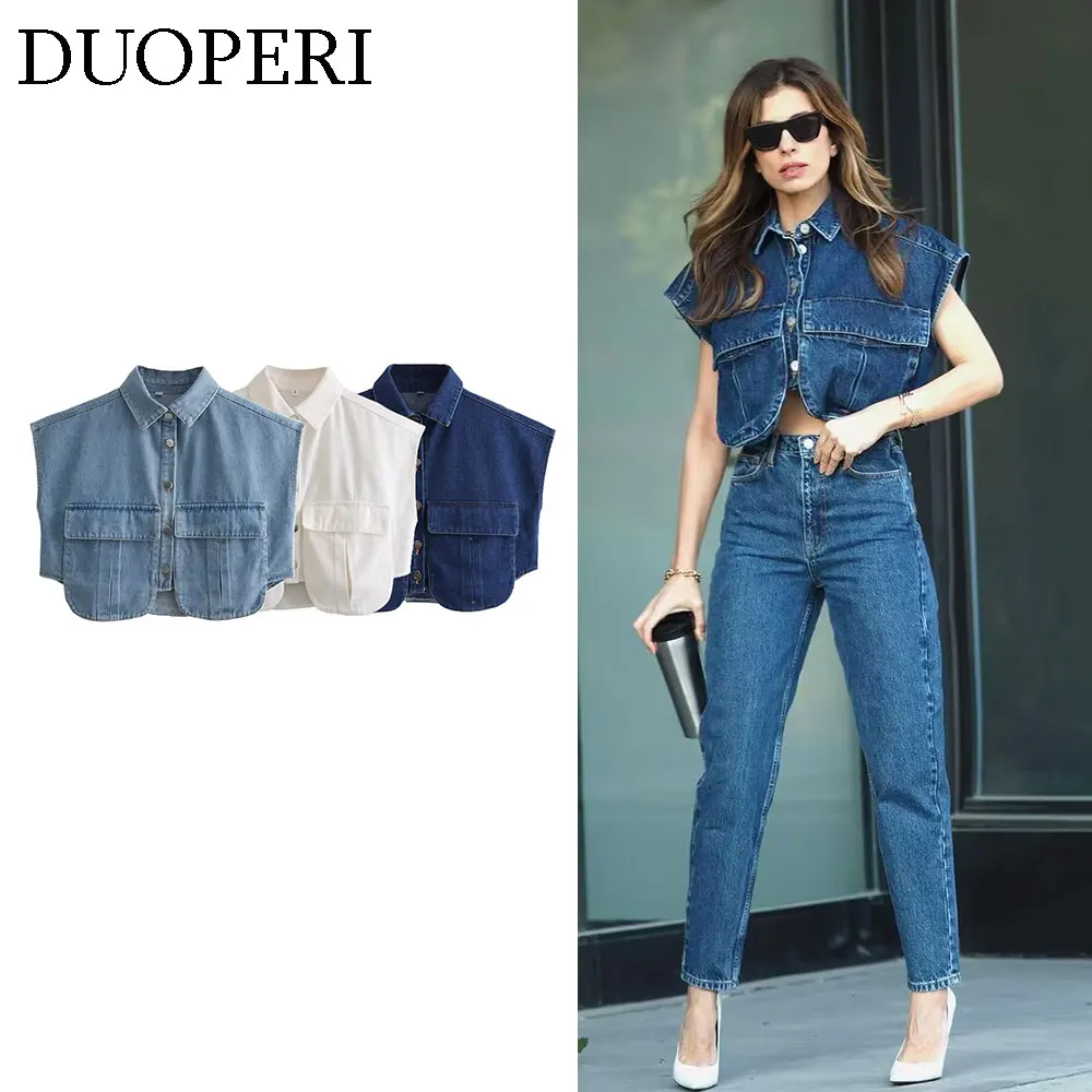 DUOPERI Women Fashion Solid Color Double Pocket Short Denim Blouse Sleeveless Female Chic Lady Casual Short Tops