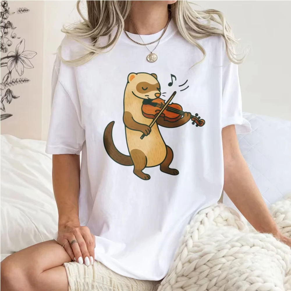 Cute Ferret Playing Violin Women T Shirt Cartoon Small Mammal String Instrument Print Tee Music Lover Kawaii Daily Cotton Tops