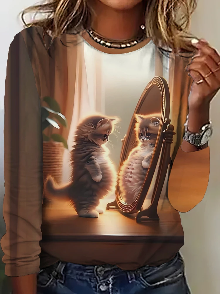 Women's Long Sleeve T-Shirt Cute Cat Fall 3D Print Women Tops Casual Crew Neck Pullover Oversized Clothing Outdoor T Shirts