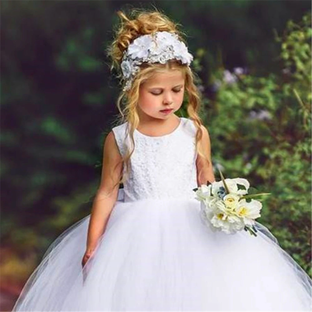 Flower Girl Dress White Sleeveless Tulle Lace Printing Backless Princess Ball First Communion Dresses Surprise Birthday Present