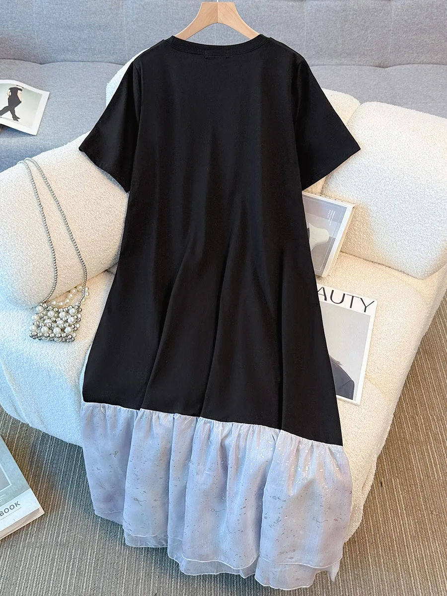 150Kg 플러스 사이즈 여성 바스트 150 여름 느슨한 게으른 스타일 반팔 패치 워크 드레스 블랙 5XL 6XL 7XL 8XL 9XL