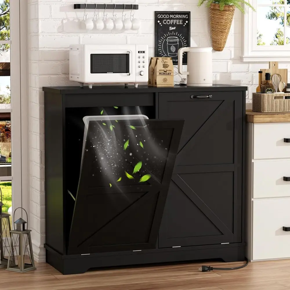 

Double Tilt-Out 13 Gallon Trash Cabinet with Deodorizing, Farmhouse Style Wooden Bin for Kitchen and Living Spaces, Black