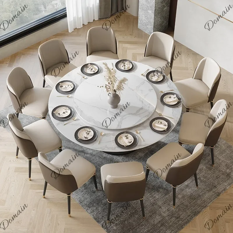 81 N Luxury Marble Round Dining Table for 10 with Lazy Susan and Induction Cooker, Large Family Villa Kitchen Furniture