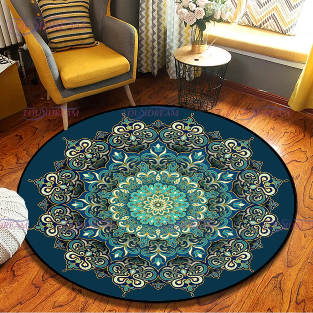 Mandala Flower of Life Round Rug Colorful Heart Boho Area Rug In Living Room Bedroom Non Slip Chair Mat Peacock Decor Rug