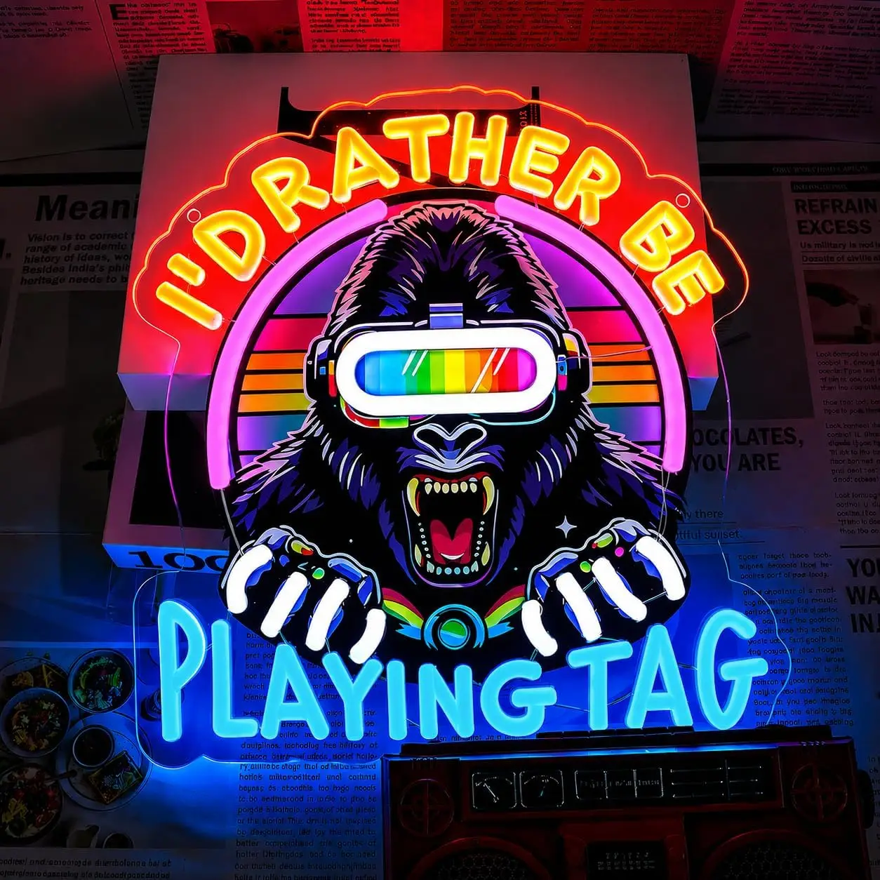 LED Neon Sign I'd Rather Be Playing Tag Gorilla Game Neon Light USB Wall Lamp for Game Room Man Cave Bedroom Wall Art Decor Gift