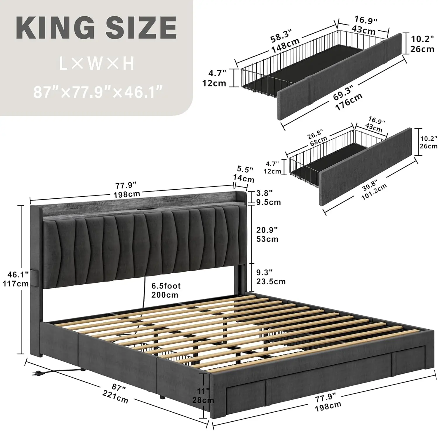 ANCTOR King Size Bed Frame Storage Headboard Charging Station Upholstered Platform Bed 3 Drawers No Box Spring Needed Grey