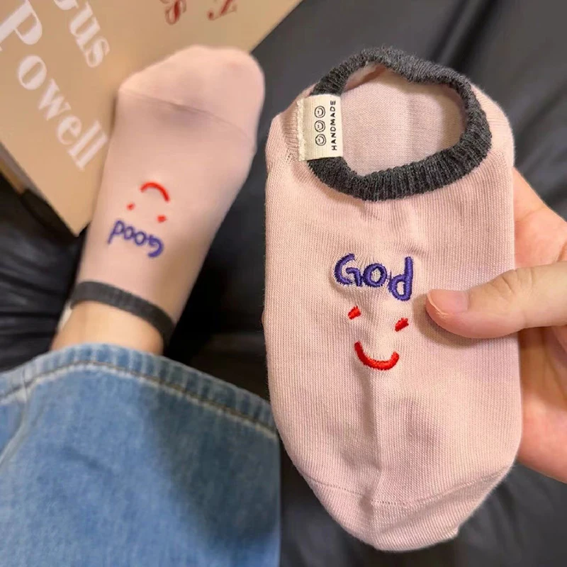 Summer Lovely Smile Pattern Breathable Boat Socks Invisible Letter Socks Women Socks Sock Slippers Cotton