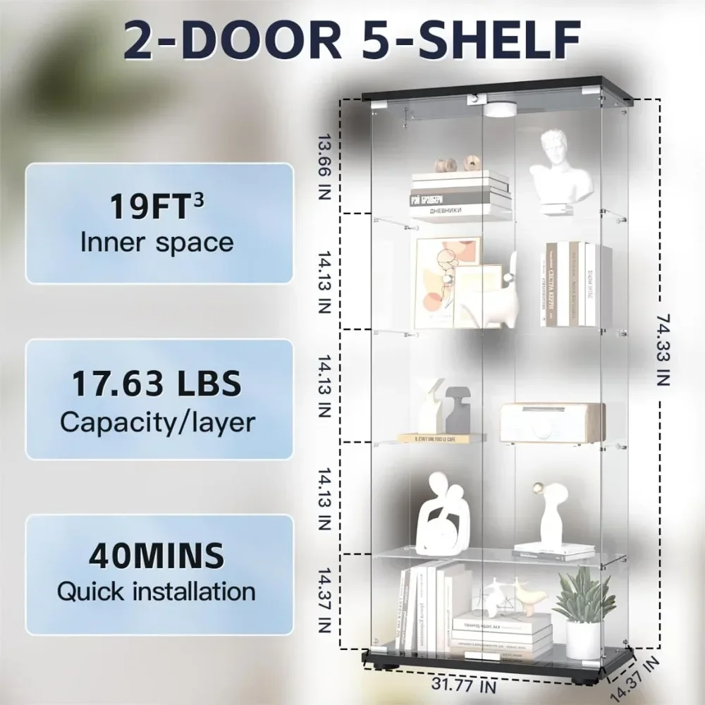 XMSJ Glass Display Cabinet, 5 Shelves with LED Lights, Bookcase with 5mm Tempered Glass, Floor-to-ceiling Glasss Storage Cabinet