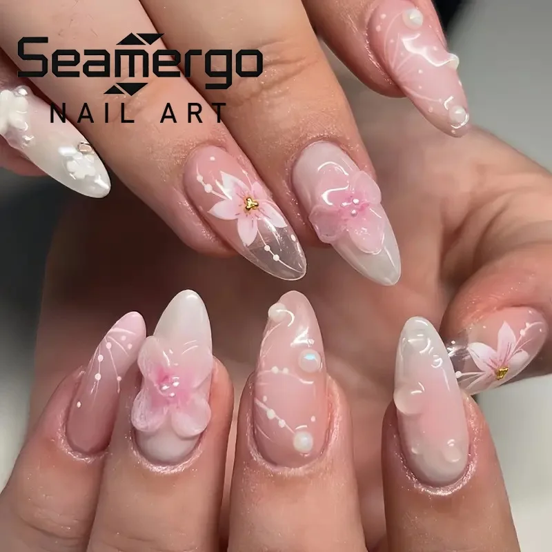 

24 шт. накладных ногтей цвета нюд с миндалевидным срезом, 3D-цветами и жемчужным декором, градиентные, нежные, элегантные, многоразовые, искусственные ногти