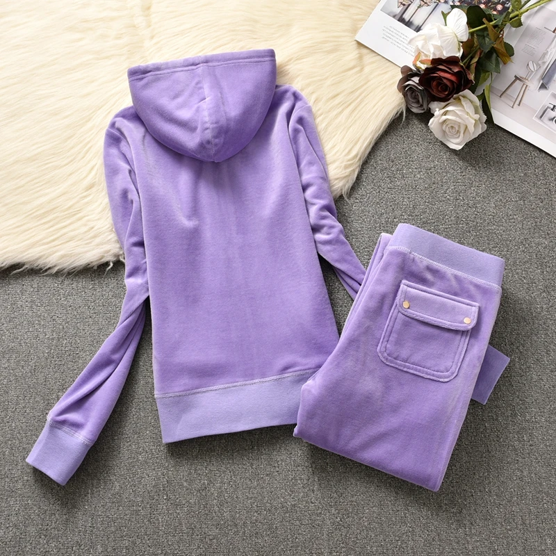 

Бархатный повседневный костюм 2025 года, спортивная одежда, осенне-зимний свитшот с капюшоном и длинными рукавами и наклонными карманами, брючный костюм с задними карманами