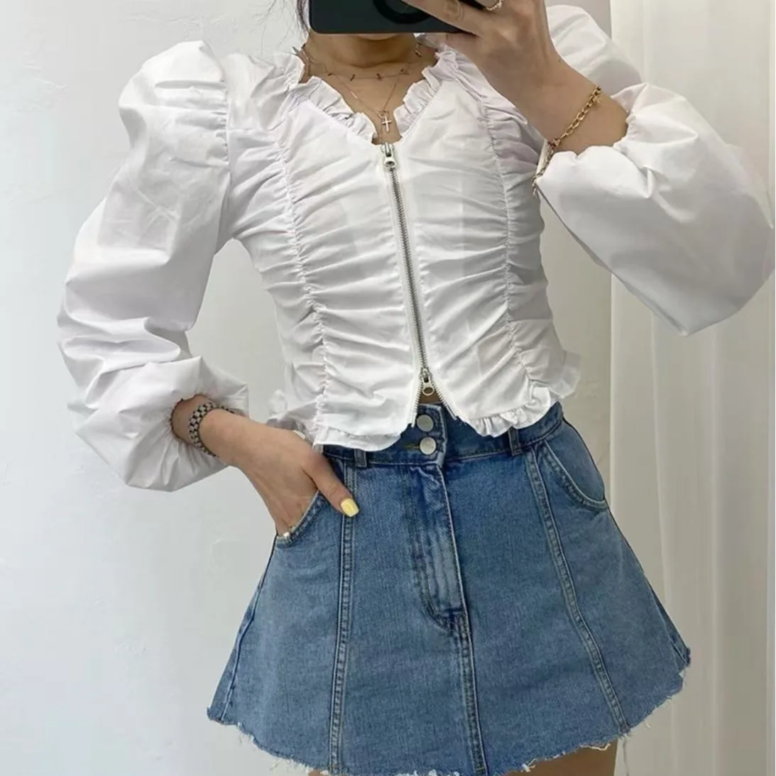قميص نسائي بأكمام فقاعية قصيرة على الطراز الكوري، أزياء خريفية مبكرة، سترة أنيقة بسحاب وتصميم شخصي، قميص طويل الأكمام ضيق